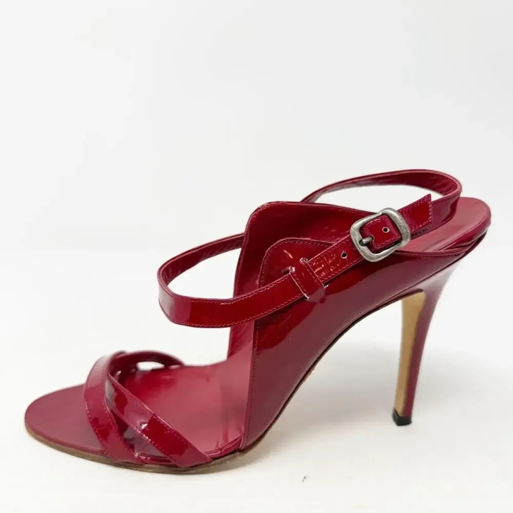 Manolo Blahnik Dodo Red Patent Leather Strappy Sandal Heels Womens Size EU 38.5